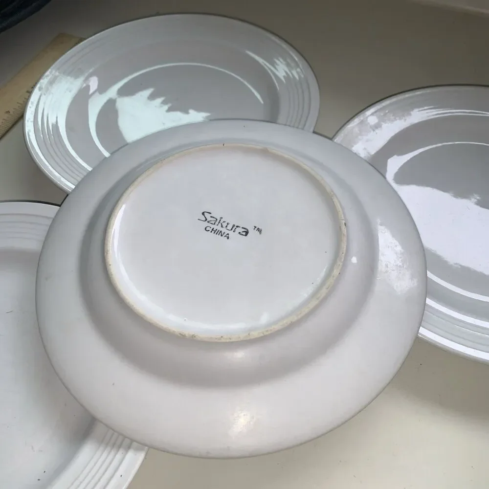 Sakura Bread/Appetizer Plates Set of 4 8” Bone China White Embossed Swirl Rim